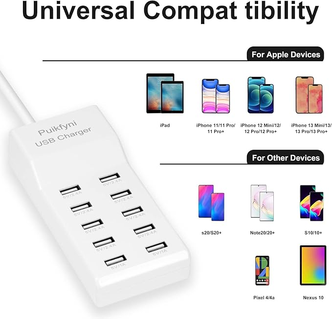 2 Pack 10-Ports USB Charger Station, Power Strips with Surge Protection，Smart USB Charger for Multiple Devices,Smart Watches ，Phones， Tablets for Home,Office,Travel(USB-A Port)