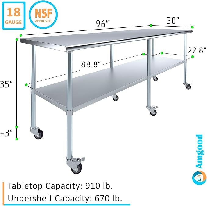 AmGood 96" Long x 30" Deep Stainless Steel Table with Casters