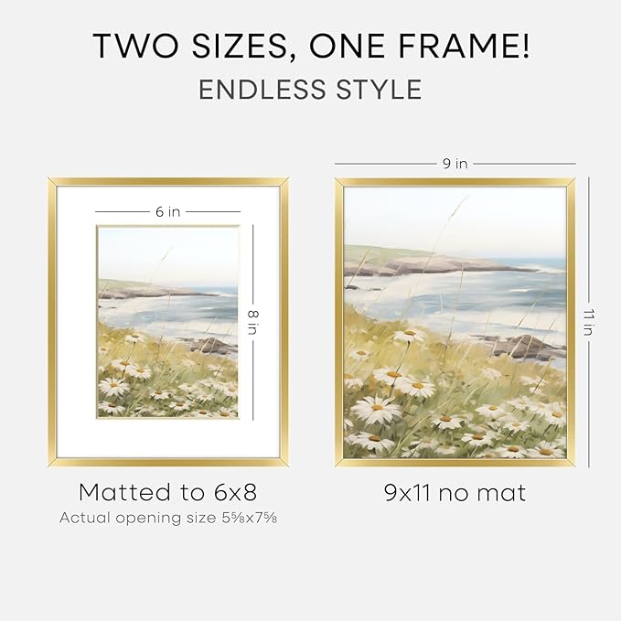 Homeforia 9x11 Gold Frame, High End Metal 9 x 11 Picture Frames with Mat 6 by 8 inch Photo, 9by11 Thin Poster Frame Matted to 6x8 Print, 11x9 Wall or Tabletop Frame, Tempered Glass, Wall Kit, Set of 1