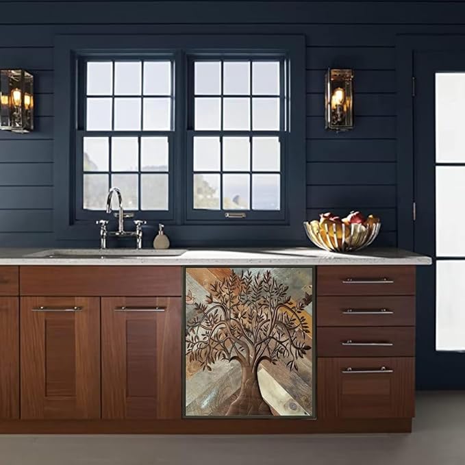 Stainless Steel Tree of Life Dishwasher Cover for Front, Wooden Door Refrigerator Cover Skin Decor, Birds Dishwasher Panel Decal, Ordinary 23" x 26"