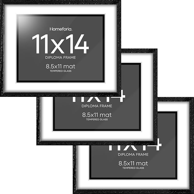 Homeforia 11x14 Diploma Frame Black Wood, High End Black Oak 11 x 14 Certificate Frames with Mat 8.5x11, 14x11 Wooden Document Matted Frame, Award Graduation Frames, Tempered Glass, Wall Kit, Set of 3