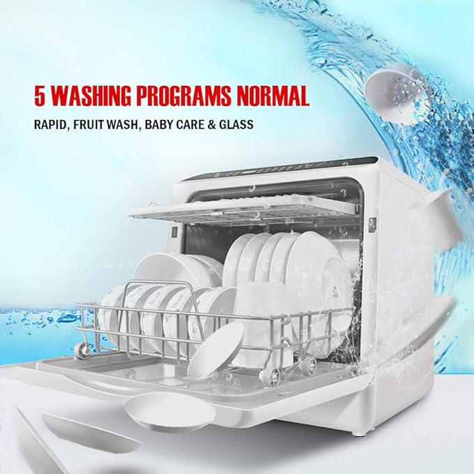 Portable Countertop Dishwasher with 5 Programs, 3-Cup Water Tank, Fruit/Veg Basket, High Temp, Air Dry