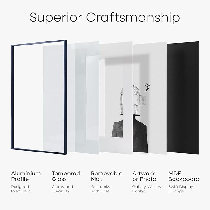 Homeforia 10x10 Picture Frame Navy Blue, High End Metal 10 by 10 Square Frames with Mat 8 x 8 Photo, 10by10 Poster Frame Matted to 8x8 Print, Wall or Tabletop Frame, Tempered Glass, Wall Kit, Set of 1