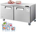 VEVOR 60" W Commercial Freezer, 14.8 Cu.Ft Worktop Freezers Undercounter with LED Auto Lighting and Lockable Door, 2 Doors Food Freezing Prep Worktable, Stainless Steel Prep Frozen Table with Casters