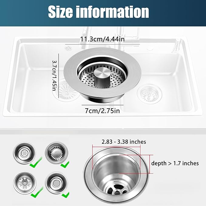 Kitchen Sink Drain Strainer, 4 in 1 All Stainless Steel Sink Strainer, Pop Up Anti-Clogging Sink Stopper, Sink Strainer with Copper Bounce for US Standard Sink Accessories, 1 Pack