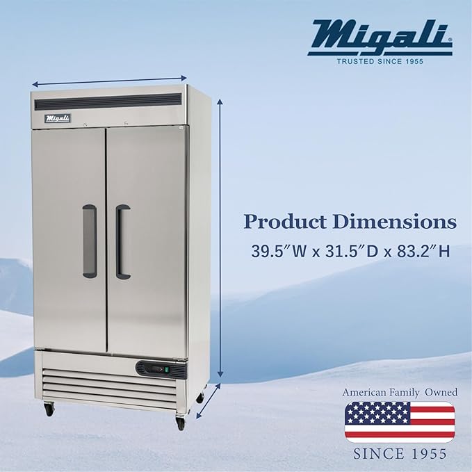 Migali C-2RB-35-HC Two Door Reach-In Refrigerator, 35 cu/ft Space Saving, Stainless Steel Interior and Exterior, Auto Defrost, Door Locks