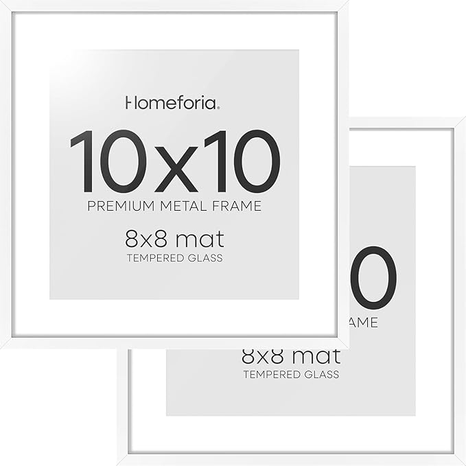 Homeforia 10x10 White Picture Frame, High End Metal 10 by 10 Square Frames with Mat 8 x 8 Opening, 10by10 Poster Frames Matted to 8x8 Photo, Wall or Tabletop Frames, Tempered Glass, Wall Kit, Set of 2