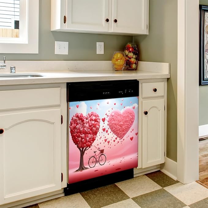 Bicycle Valentine's Day Love Dishwasher Magnet Cover, Reusable Refrigerator Panel Stickers Microwave Front Door Covers Magnets for Kitchen Home Appliances Holiday Party Decorations 23 X 26 in