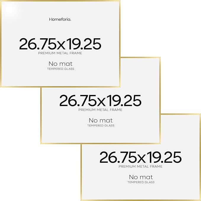 Homeforia 19.25x26.75 Gold Puzzle Frame, High End Metal 19.25 x 26.75 Picture Frames without Mat, 26.75x19.25 Thin Poster Frame for Wall, 19.25by26.75 Puzzle Frames, Tempered Glass, Wall Kit, Set of 3