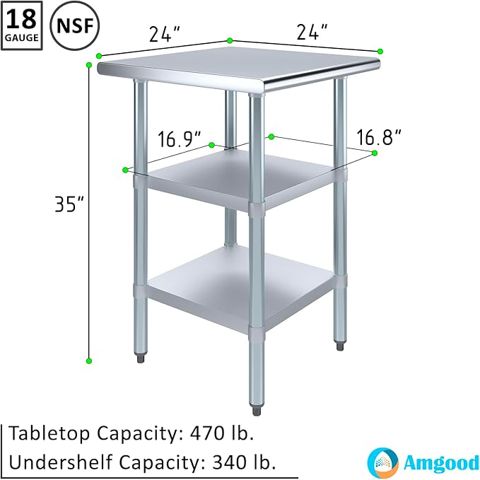 AmGood Stainless Steel Work Table with 2 Shelves | NSF | Metal Utility Table (24" Long x 24" Deep)