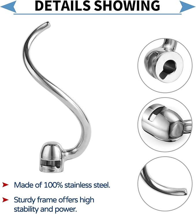 Stainless Steel Spiral Dough Hook Compatible with KitchenAid 5Plus-6QT Mixer,Bowl Lift Stand Mixer Accessory, Rust Resistant, Effectively Kneads Bread,Pizza,Pasta and Biscuits,Dishwasher Safe