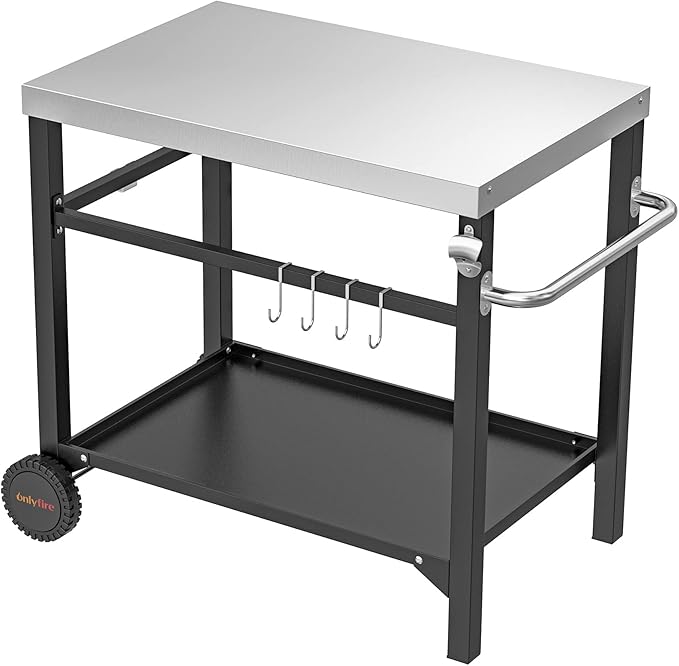 onlyfire Stainless Steel Movable Dining Cart Table, Pizza Oven Table, Multifunctional Utility Cart with Wheels for Outdoors, Kitchen or Backyard Patio