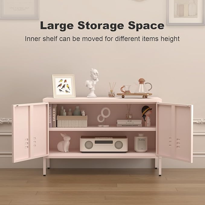 Metal Cabinets,2 Door Cabinet with Adjustable Shelf,Pink Storage Cabinet for Bedroom,Living Room,Pink