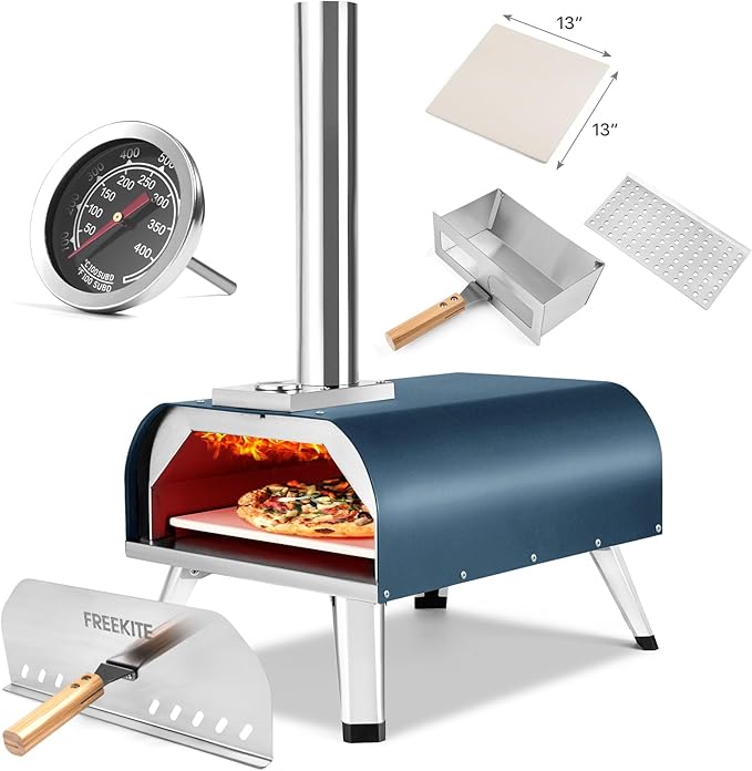 Pizza Oven 13 Inch Outdoor Wood Fired Portable Stainless Steel Pizza Oven with Pizza Stone for Family Outside Cooking Camping Backyard BBQ Pizza Maker Garden Kitchen(Blue-gery13IN)