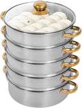 Steamer 30*47cm/11.81*18.5in, 5-tier Stainless Steel Steam Cooker w/ Clear Lid & Gold Anti-scald Handles, Home Stackable Multipurpose Steam Pot for All Hobs (1x1.32Gal Bottom Pan, 4xSteamer Baskets)