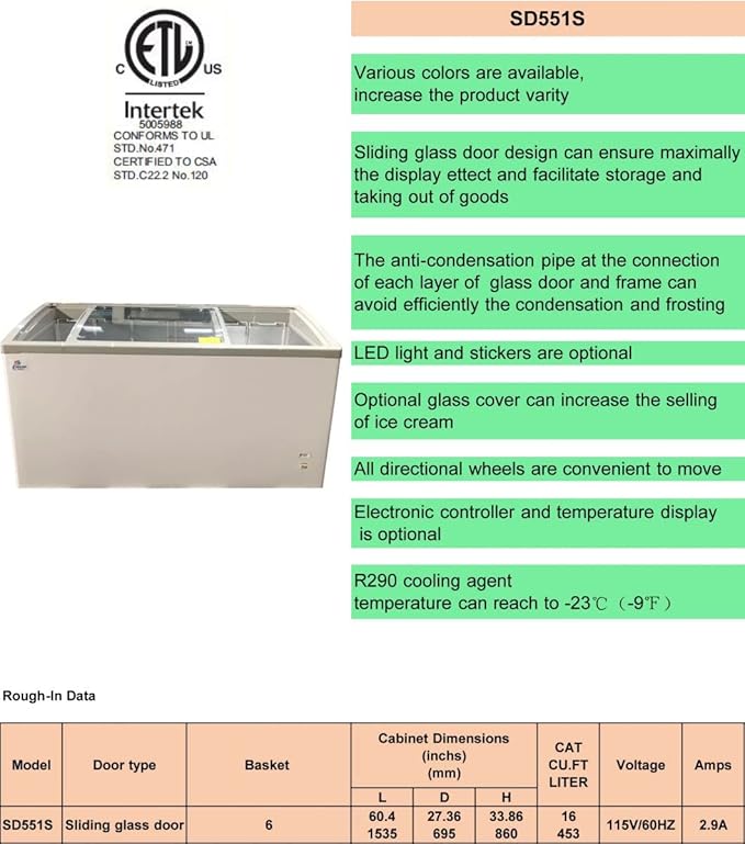 Chest Freezer Glass Door sliding Commercial Ice Cream Freezer 60" White Stand Alone Curve Display Top w Storage Baskets 17 Cu.FT sd551s