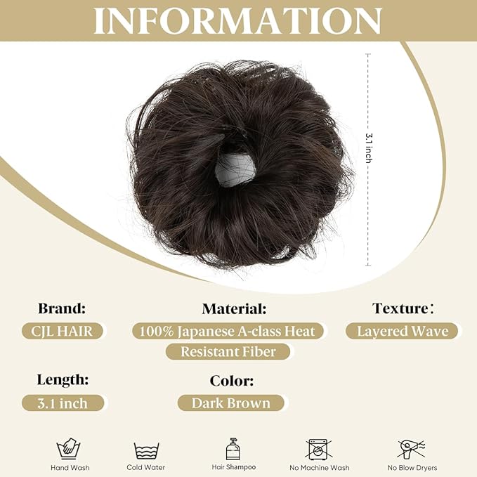 CJL HAIR 2PCs Small Cute Messy Bun Hair Piece for Thin Hair Women Mini Synthetic Curly Bun Scrunchies Updo Hairpieces Dark Brown