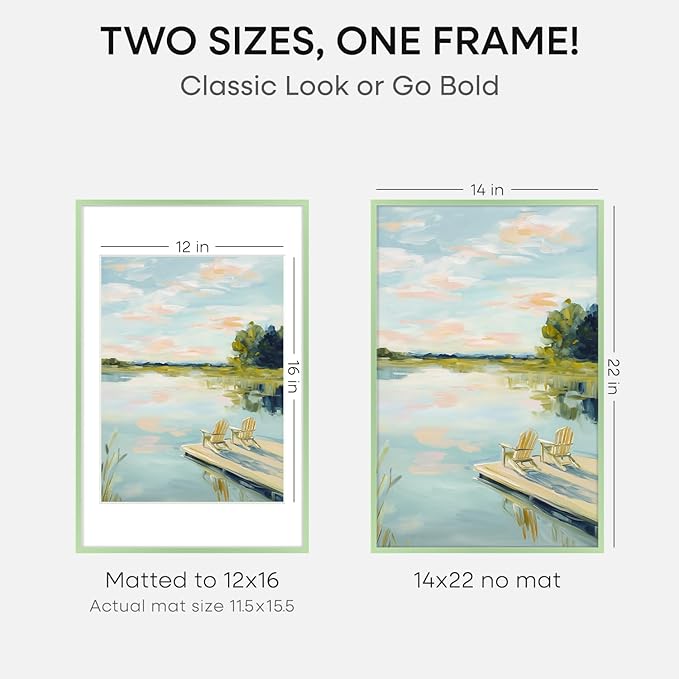 Homeforia 14x22 Picture Frame Sage Green, High End Metal 14x22 Poster Frames with Mat 12x16 inch Photo, 14 x 22 Sage Green Frame Matted to 12 by 16 Art, 22x14 Frame, Tempered Glass, Wall Kit, Set of 2