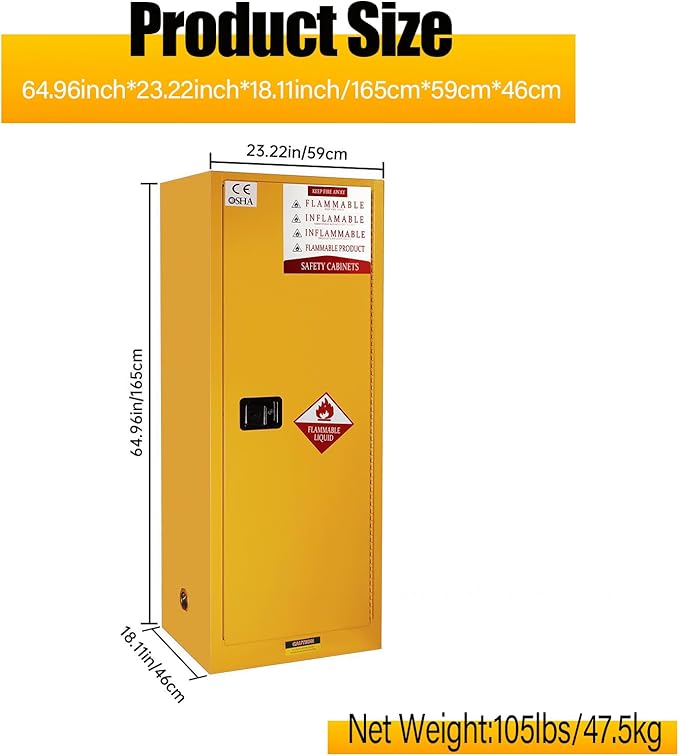 Flammable Safety Cabinet 23" x 18" x 65" Yellow, Cold-Rolled Steel 50 Gallon Explosion Proof Cabinet, 2 Adjustable Shelves & Vent Design for Commercial Garages, Lab & Industrial Facilities