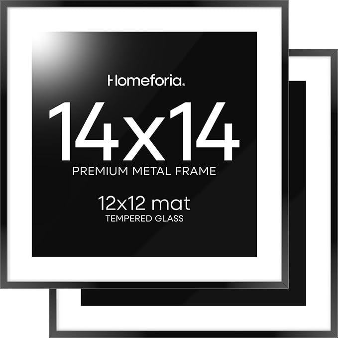 Homeforia 14x14 Picture Frame Black, High End Metal 14 x 14 Square Poster Frames with Mat 12 x 12 Photo, 14x14 Black Frame Matted to 12x12 Print, 14by14 Thin Frames, Tempered Glass, Wall Kit, Set of 2