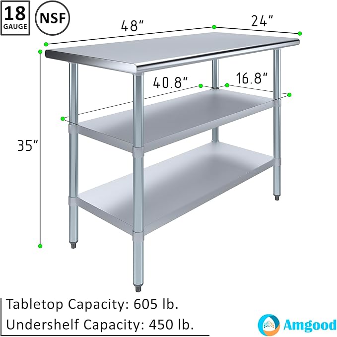 AmGood Stainless Steel Work Table with 2 Shelves | NSF | Metal Utility Table (48" Long x 24" Deep)