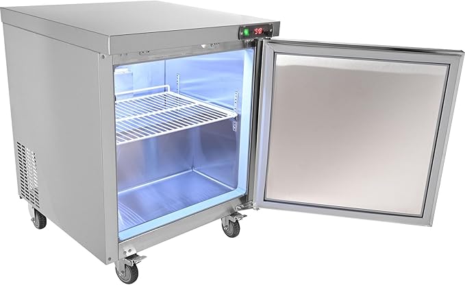 VEVOR 28" W Commercial Refrigerator, Undercounter Worktop Refrigerator, 7.4 Cu. Ft Thick Stainless Steel Refrigerated Food Prep Station Fan Cooling Single Door Worktop Fridge with lock for Bar
