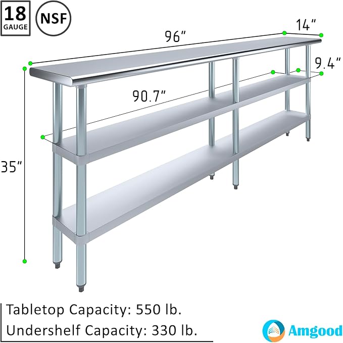 AmGood Stainless Steel Work Table with 2 Shelves | NSF | Metal Utility Table (96" Long x 14" Deep)