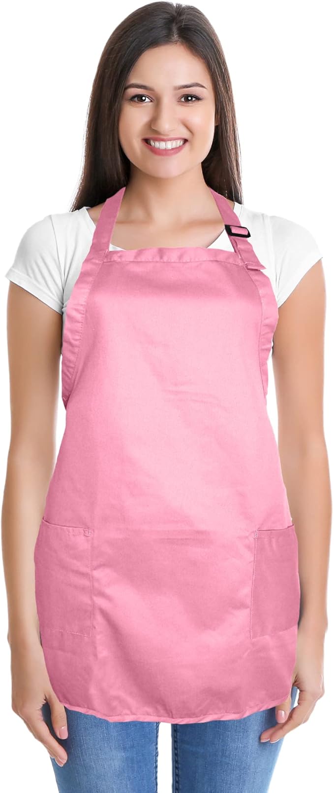 DALIX Apron Commercial Restaurant Home Bib Spun Poly Cotton Kitchen Aprons (2 Pockets) in Pink