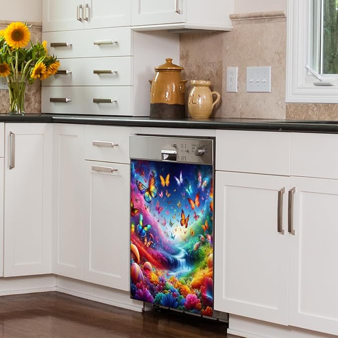 Dishwasher Magnet Cover Animal Rainbow Butterfly Dishwasher Decorative Cover Front Dishwasher Door Cover Reuseable Dishwasher Cover Panel Decal for Kitchen Refrigerator Home Appliances 23" X 26"