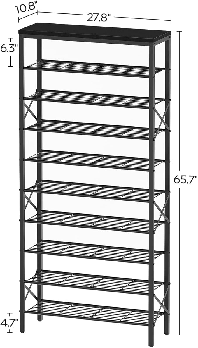 10 Tier Shoe Rack, Large Capacity Shoe Storage Organizer Holds 40 Pairs, Sturdy and Stable, for Entryway, Hallway, Closet, Dorm Room, Black SS10BB