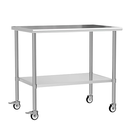 Stainless Steel Work Table with Wheels, 30x48 Inch NSF Kitchen Prep Table with Adjustable Undershelf for Commercial Restaurant, Garage, Outdoor BBQ