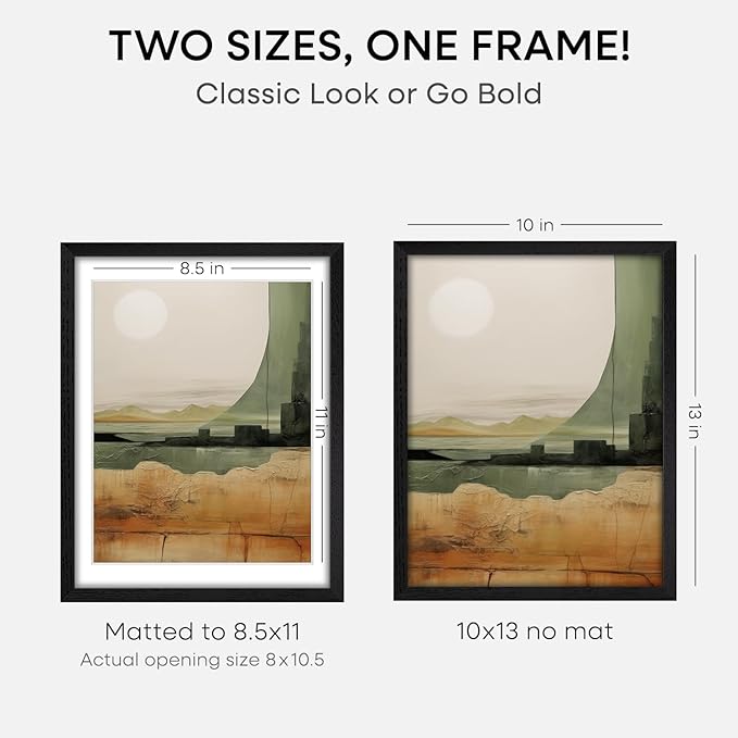 Homeforia 10x13 Picture Frame Black Wood, High End Oak 10x13 Poster Frames with Mat 8.5x11, 10 x 13 Wooden Frames Matted to 8.5 x 11 inch Photo, 13x10 Hanging Frame, Tempered Glass, Wall Kit, Set of 1