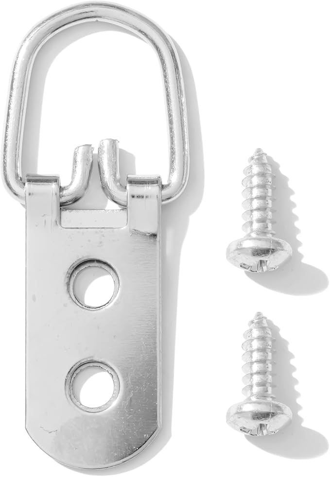 D-Ring Picture Hangers with Screws – 100 Pack Two Hole Wide Strap Hangers for Picture Frames, Photos, Mirrors, Wall Decor, and Paintings – 40 lb Capacity (100 Pack)