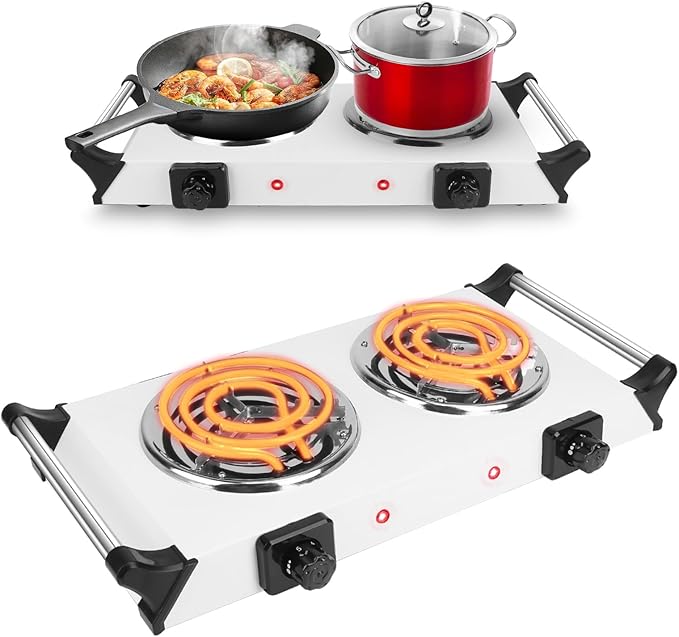 2000W Double Burner Electric, Portable Hot Plate for Cooking, Cooking Stove with 5 Temperature Adjustments, Countertop Burner Cooktop for Kitchen, Dorm (2Burner_White, 21x10x4")