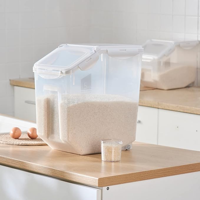 HANAMYA 15 Liter / 30 lbs Rice Storage Container with Measuring Cup, BPA free, For Rice | Grain | Pet Food | Flour, 2 counts, Clear