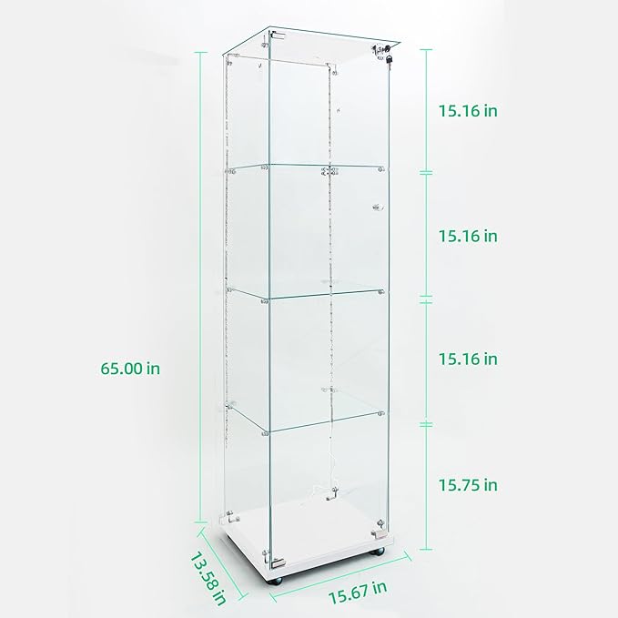 Yoluckea 4 Tiers Glass Display Cabinet with Bluetooth LED Light Strip, 1 Door Floor Standing Curio Cabinet with Universal Wheel for Home Office Display, White Glass Bookshelf for Collections,Clear Top