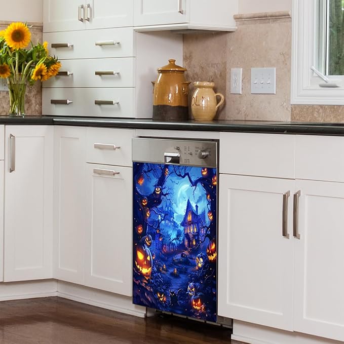 Dishwasher Magnet Cover Front Dishwasher Cover Decoration Reusable Magnetic Door Cover Panel Decal Home Appliances Stickers Kitchen Refrigerator Fridge Horrible Halloween Pumpkin 23"x26"