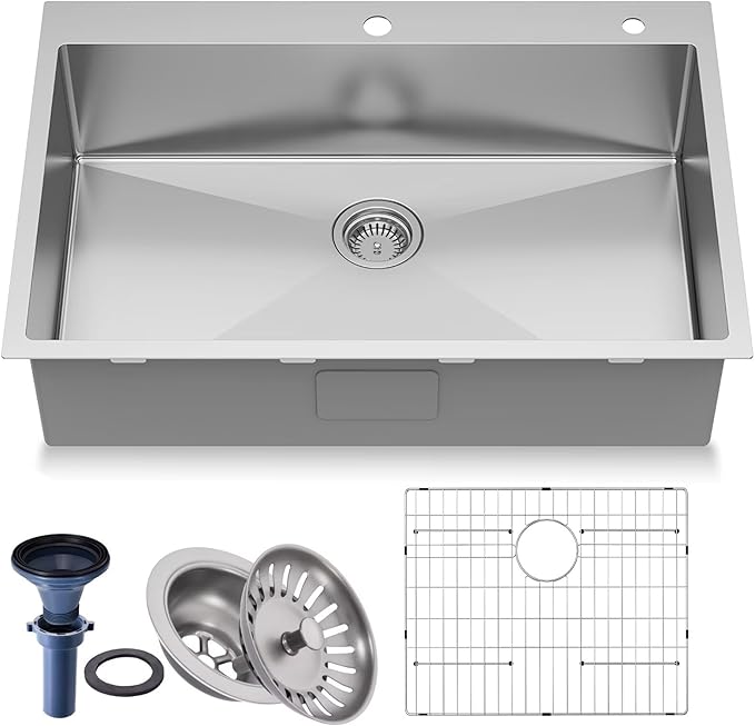 33 inch Topmount Handmade 18 Gauge Single Bowl Stainless Steel Kitchen Sink with Accessories