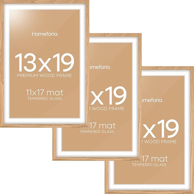 Homeforia 13x19 Picture Frame Wood, High End Natural Oak 13x19 Light Wooden Poster Frame with Mat 11x17, 13 x 19 Frames Matted to 11 x 17 Photo, 19x13 Hanging Frame, Tempered Glass, Wall Kit, Set of 3