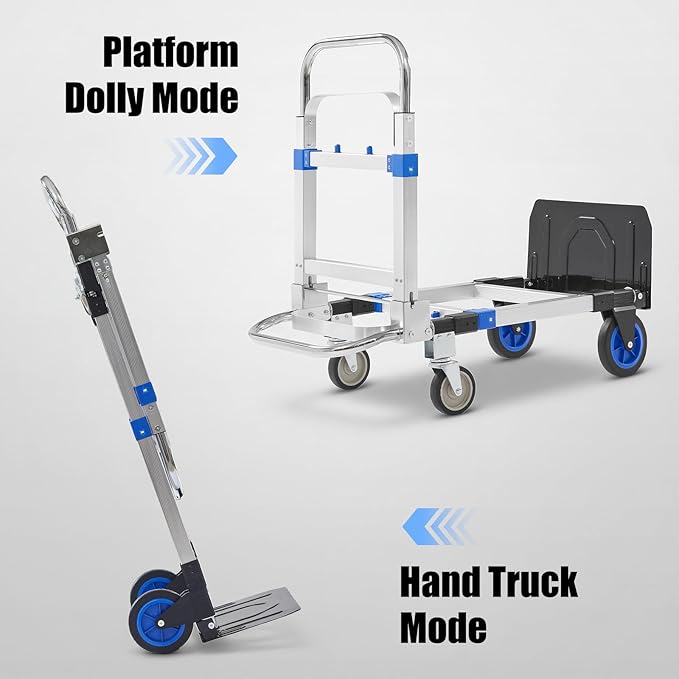 3 in 1 Folding Hand Truck Dolly Cart, Heavy-Duty Foldable and Convertible Design, Lightweight Portable Utility Cart with Rubber Wheels and Telescoping Handle for Moving, 500 lbs Capacity (Blue)