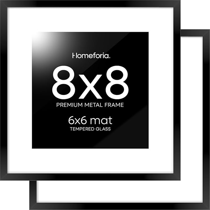 Homeforia 8x8 Black Picture Frame, High End Metal 8 x 8 Square Photo Frames with Mat 6 by 6, 8x8 Poster Frame Matted to 6x6 inch Print, 8by8 Wall or Tabletop Frames, Tempered Glass, Wall Kit, Set of 2