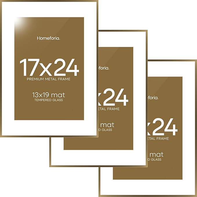 Homeforia 17x24 Picture Frame Bronze, High End Metal 17x24 Brass Poster Frames with Mat 13x19 Photo, 17 x 24 Frame Matted to 13 by 19 inch Print, 24by17 Thin Frames, Tempered Glass, Wall Kit, Set of 3