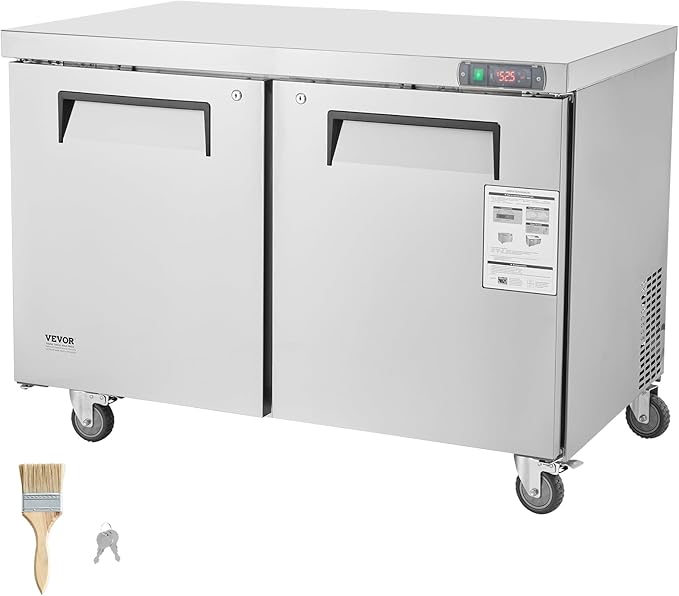 VEVOR 48" W Commercial Freezer Worktop, 12.9 Cu. Ft Undercounter Freezers with/Casters, <0~-8℉>Defrost Frozen Prep Table, 2 Doors Stainless Steel Food Frozen Prep Station for Restaurant, Diner, Bar