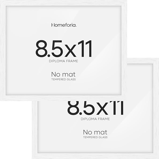 Homeforia 8.5 x 11 Diploma Frame White Wood, High End Oak 8.5x11 Certificate Frames, 11x8.5 Document Frames for Wall or Tabletop, 8.5 by 11 Award White Wooden Frame, Tempered Glass, Wall Kit, Set of 2