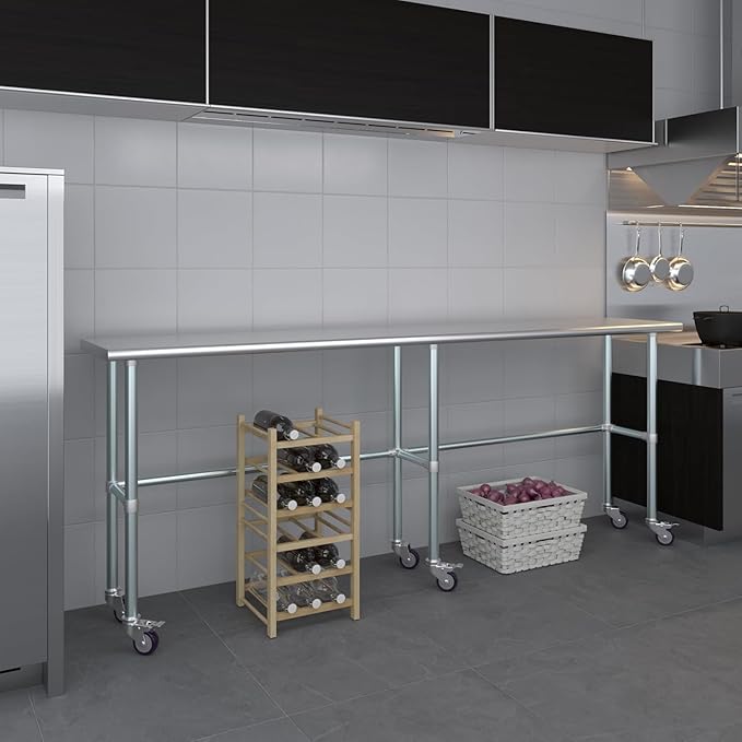 Stainless Steel Work Table Open Base & Wheels | Work Station | Metal Work Bench (Stainless Steel Work Table Open Base + Casters) (96" Long x 18" Deep)