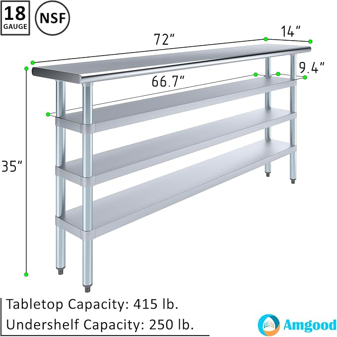 14 in. x 72 in. Stainless Steel Work Table with Three Bottom Shelves | NSF Kitchen Prep Table | Utitly Metal Table