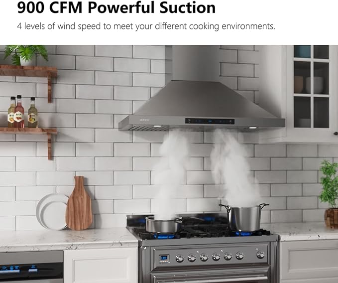 IKTCH 36-inch Wall Mount Range Hood 900 CFM Ducted/Ductless Convertible, Kitchen Chimney Vent Stainless Steel with Gesture Sensing & Touch Control Switch Panel, 2 Pcs Adjustable Lights(IKP02-36'')