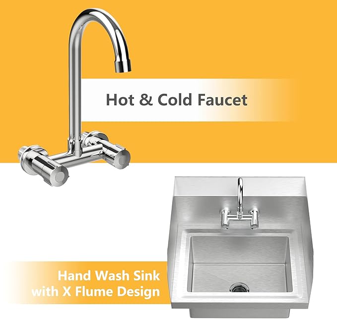 Bonnlo Upgraded Commercial Hand Wash Stainless Steel Prep/Bar Sink with Side Splash Guard - Wall Mount Utility Sink Hand Washing Basin with Faucet for Commercial Restaurant RV Kitchen