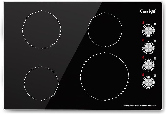30 Inch Induction Cooktop, 4 Burner Electric Cooktop with 9 Power Levels, Knob Control, Auto shutdown and Residual Heat Warning, 6500W, 220-240V for Hard Wire