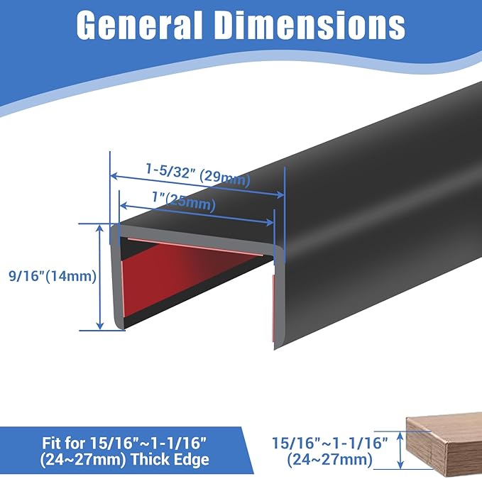 Rubber Edge Trim, Self-Adhesive U Channel Edge Protector for Plywood, Cabinet, 1" Wood Edge Banding, Flexible Furniture Repair, EPDM Material, Fit 1"(25mm), Length 20Ft, Black Color